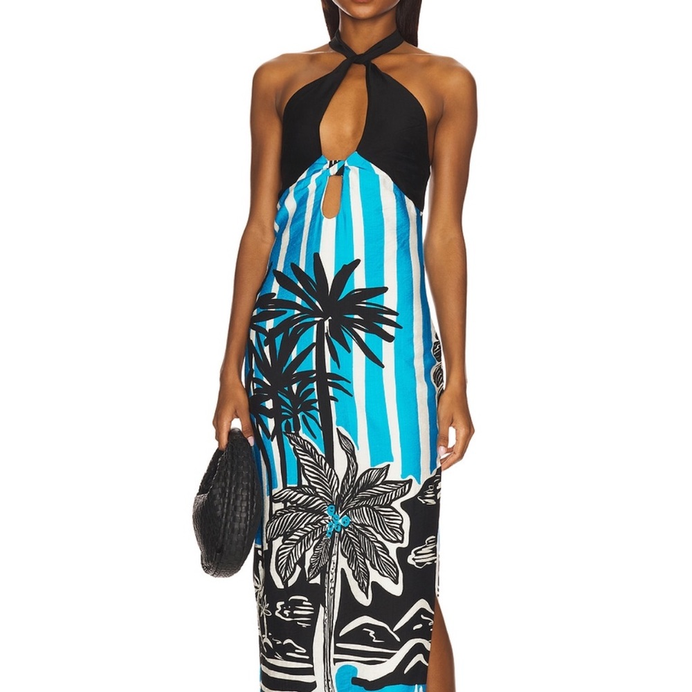 Tropical Black and Blue Halter Midi Dress